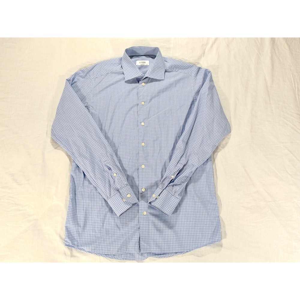 Eton Contemporary Blue White Check Dress Shirt 16.5 42 York 100% Cotton